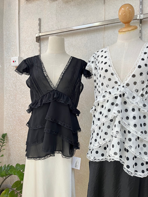 Polka Dot Ruffle V-Neck Tops